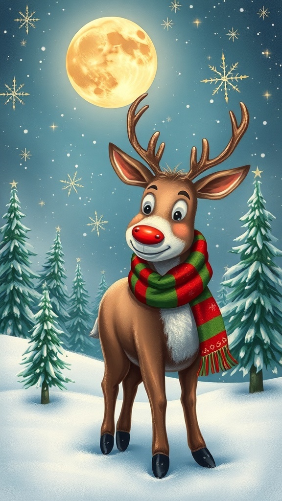 Festive Reindeer Christmas Images A festive reindeer in a snowy landscape with Christmas trees and twinkling stars.